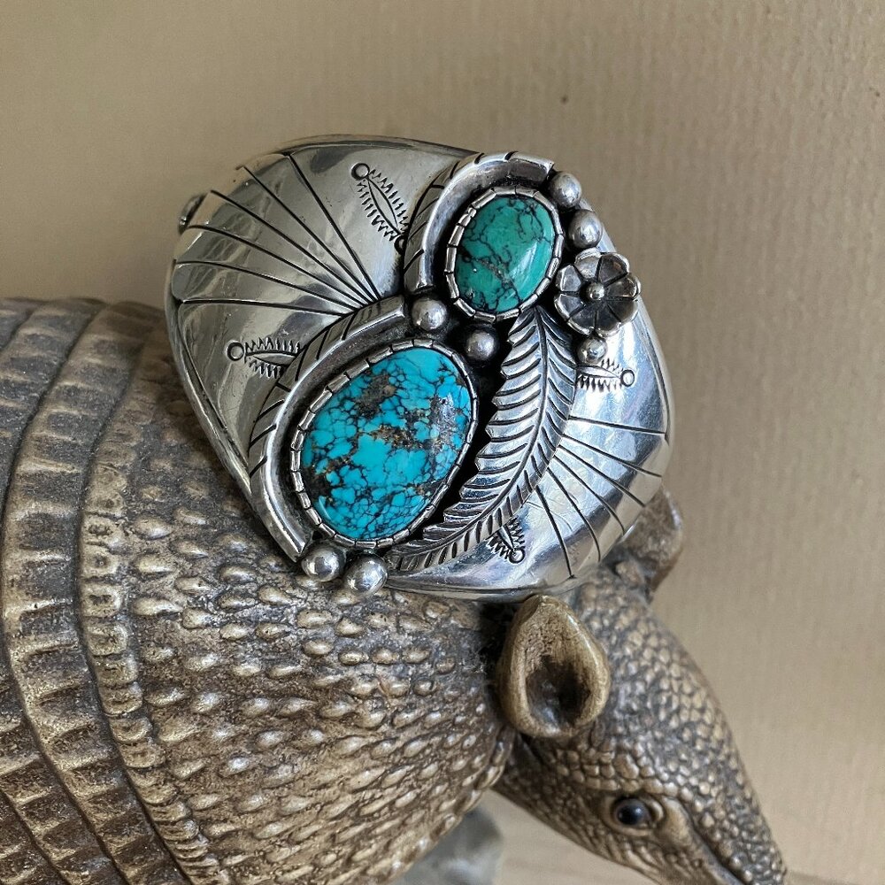 Vintage Signed Navajo Wide Cuff in Sterling & Fine Turquoise by Della Baca